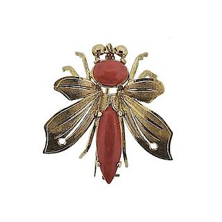 18k Gold Coral Insect Brooch Pin