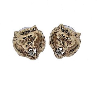 14K Gold Diamond Lion Head Earrings