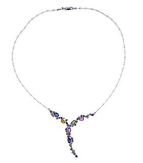 14K Gold Multi Color Gemstone Drop Necklace