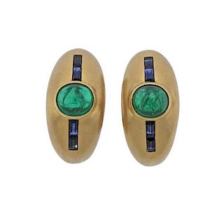 18K Gold Emerald Sapphire Half Hoop Earrings