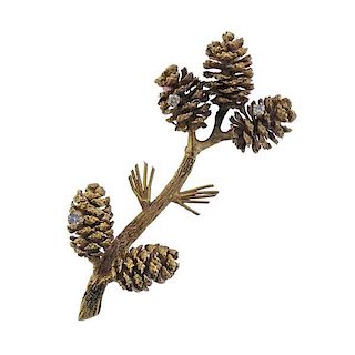 14K Gold Diamond Pine Cone Brooch Pin