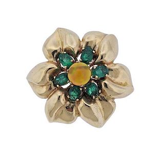 14K Gold Opal Green Gemstone Flower Brooch Pendant