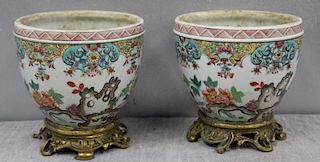 Pair Of Antique Enamel Decorated Bowls On Bronze