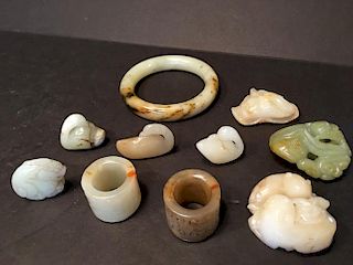 OLD Chinese Ten pieces Jade carvings, thumb rings, pendants, 19th century or later