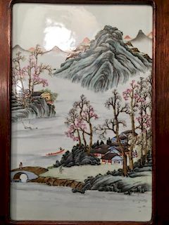 ANTIQUE Chinese Famille Rose Plaque in Frame, Late Qing period