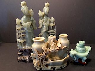 OLD Pair Soupstone Guanyin and a carvings and jade Censer