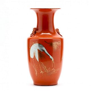 ANTIQUE Chinese RED Glaze Vase with Chinese Calligraphy and artist sign. Late Qing