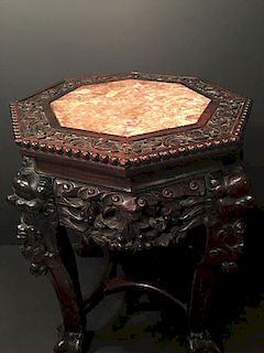 Old Chinese Hardwood Marble Top Stand,  19th C