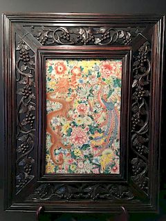 ANTIQUE Chinese Famille Rose porcelain Plaque in Zitan Frame, 19th C
