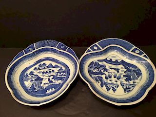 ANTIQUE Chinese Pair Blue and White Shrimp plates, 19th Century