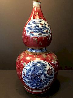 FINE Chinese Large Blue and White Red glazed bottle vase, marked