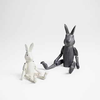 Japanese, carved rabbits, set of two