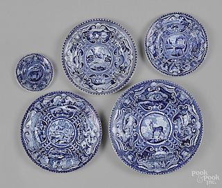 Four blue Staffordshire plates and a bowl