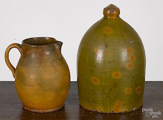 Redware jug and pitcher