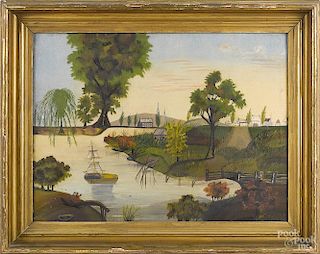 American oil on canvas primitive river landscape