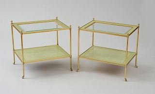 PAIR OF BRASS-MOUNTED GREEN CRAQUELLE AND PARCEL-GILT TWO-TIERED TABLES