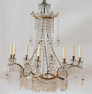 GERMAN NEOCLASSICAL STYLE ORMOLU-MOUNTED CUT-GLASS AND BEADED GLASS EIGHT-LIGHT CHANDELIER, POSSIBLY RUSSIAN