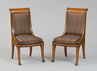 PAIR OF RUSSIAN NEOCLASSICAL KARELIAN BIRCH AND EBONIZED SIDE CHAIRS