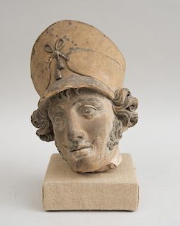 FRENCH PAINTED TERRACOTTA HEAD OF A SOLDIER