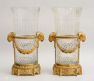 PAIR OF LOUIS XVI STYLE GILT-BRONZE-MOUNTED CUT-GLASS LARGE VASES, PROBABLY BACCARAT