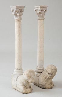 TWO SIMILAR LATE MEDIEVAL LIMESTONE LION-FORM CORBELS AND CAPITALS