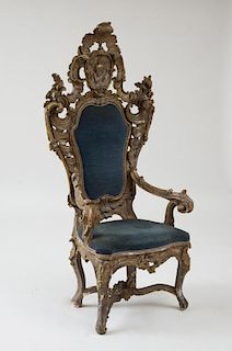 ITALIAN ROCOCO PAINTED AND SILVER-GILT THRONE CHAIR, NAPLES