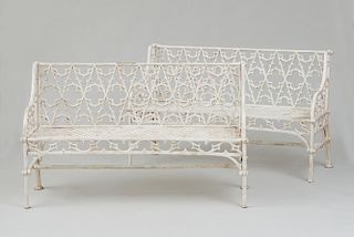 PAIR OF NEO-GOTHIC STYLE WHITE-PAINTED WROUGHT-IRON GARDEN BENCHES