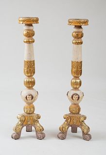 PAIR OF CONTINENTAL BAROQUE STYLE PAINTED AND PARCEL-GILT PEDESTALS, PROBABLY AUSTRIAN