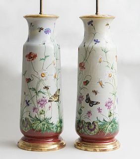 PAIR OF LARGE NAPOLEON III PAINTED-GLASS BALUSTER-SHAPED VASES, MOUNTED AS LAMPS