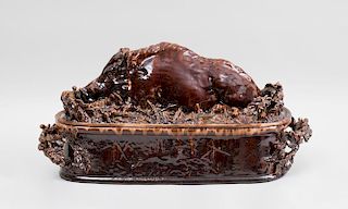 FRENCH BROWN-GLAZED POTTERY WILD BOAR TUREEN AND COVER