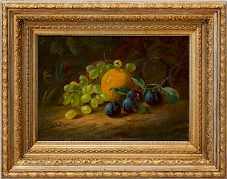 ATTRIBUTED TO ANDREW JOHN HENRY WAY (1826-1888): STILL LIFE OF GRAPES, AN ORANGE AND PLUMS