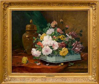 EUGÈNE HENRI CAUCHOIS (1850-1911): BOUQUET OF FLOWERS IN A DELFT VASE