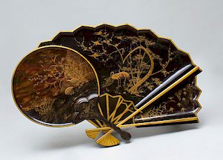 JAPANESE BLACK LACQUER AND PARCEL-GILT FAN-FORM WALL TRAY, ON LATER STAND