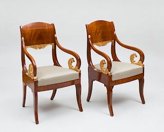 PAIR OF RUSSIAN NEOCLASSICAL STYLE MAHOGANY AND PARCEL-GILT ARMCHAIRS
