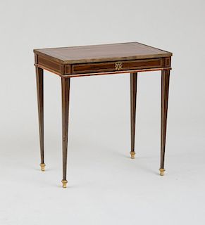 NORTH GERMAN NEOCLASSICAL BRASS-MOUNTED AND INLAID AMARANTHE AND TULIPWOOD SIDE TABLE