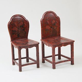 TWO SIMILAR CHINESE EXPORT RED LACQUER HALL CHAIRS