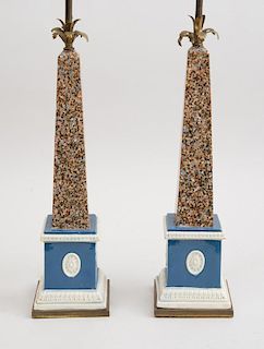 PAIR OF ENGLISH PEARLWARE FAUX PORPHYRY OBELISKS ON BLUE-GROUND PEDESTALS, MOUNTED AS LAMPS