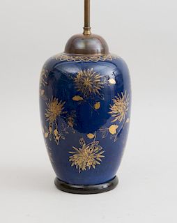 CHINESE GILT-DECORATED BLUE-GLAZED PORCELAIN OVOID VASE, MOUNTED AS A LAMP
