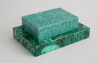 MALACHITE BOX AND AN AMAZONITE BOX, WITH BLACK MARBLE LININGS