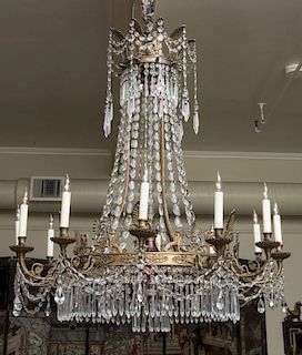 EMPIRE STYLE GILT-METAL-MOUNTED CUT-GLASS AND RUBY GLASS EIGHT-LIGHT CHANDELIER