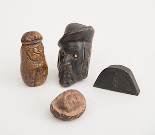 TWO FIGURAL SNUFF BOXES, A HAT-FORM BOX AND A RELIEF-CARVED SHELL HEAD