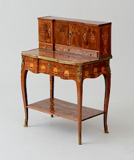 LOUIS XV/XVI ORMOLU-MOUNTED TULIPWOOD, FRUITWOOD AND KINGWOOD MARQUETRY BONHEUR DU JOUR, ATTRIBUTED TO CHARLES TOPINO