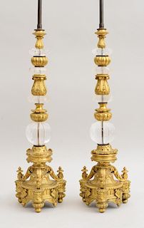 PAIR OF LOUIS XIV STYLE ORMOLU-MOUNTED ROCK CRYSTAL CANDLESTICKS, MOUNTED AS LAMPS