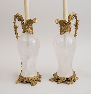 PAIR OF LOUIS XV STYLE GILT BRONZE-MOUNTED ROCK CRYSTAL EWERS, MOUNTED AS LAMPS