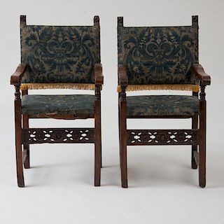 PAIR OF ITALIAN BAROQUE CARVED WALNUT ARMCHAIRS