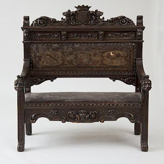 CONTINENTAL CARVED OAK HALL BENCH, POSSIBLY SPANISH