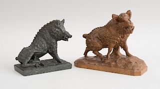 CONTINENTAL CARVED WOOD FIGURE OF A BOAR AND A CARVED MARBLE FIGURE OF THE BORGHESE BOAR, AFTER THE ANTIQUE