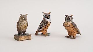 PAIR OF AUSTRIAN COLD-PAINTED BRONZE FIGURES OF OWLS AND A COLD-PAINTED FIGURE OF A WISE OWL ON BOOK