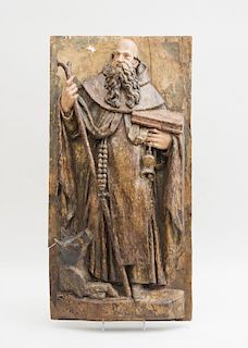 FRENCH CARVED AND PAINTED WOOD RELIEF PANEL OF ST. ANTHONY THE ABBOT