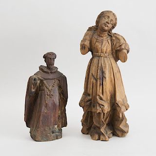 CONTINENTAL CARVED WOOD FIGURE OF A FEMALE AND A FIGURE OF A DOMINICAN FRIAR